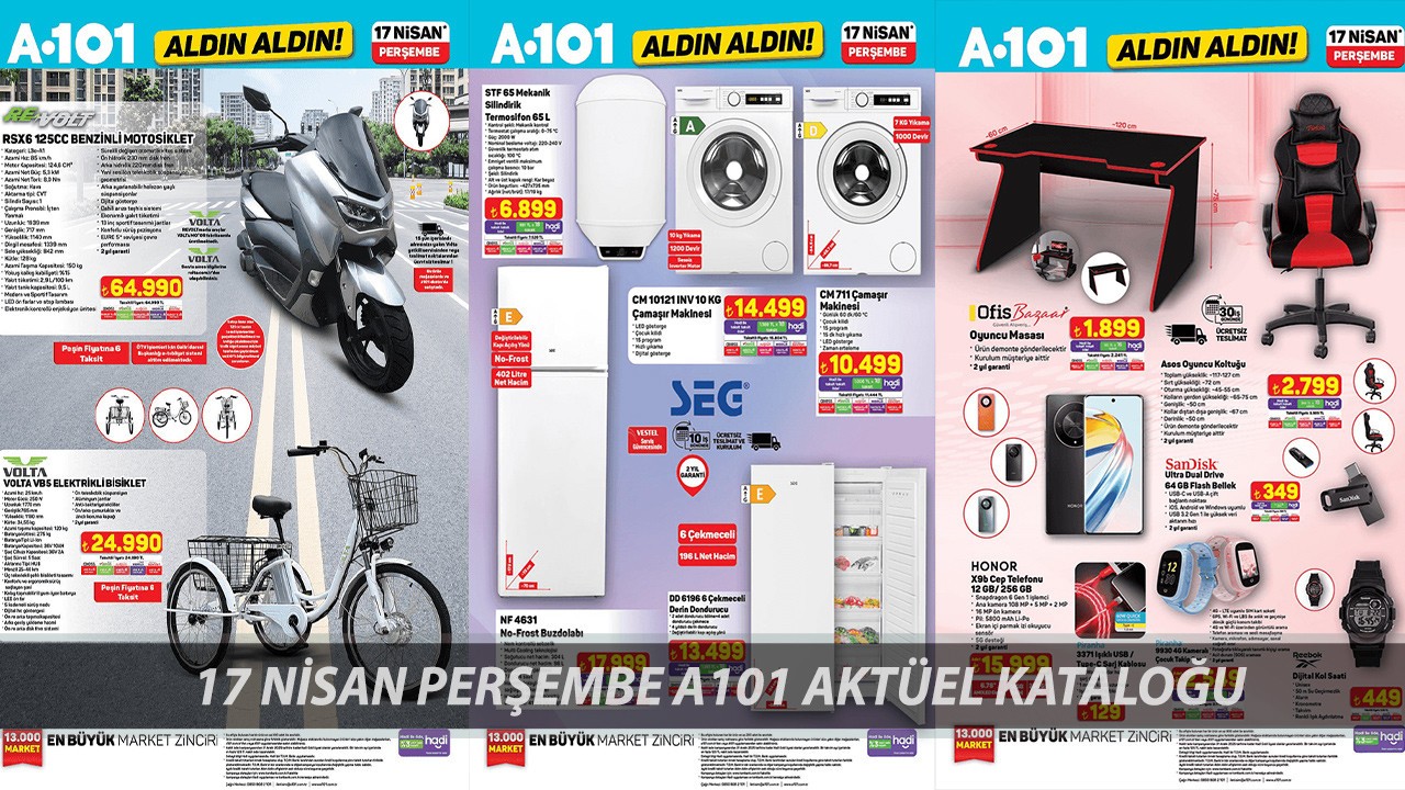 A101 17 Nisan Perşembe Kataloğu Dijital Saat, Motosiklet, Kas Geliştirici, Elektrikli Bisiklet Var