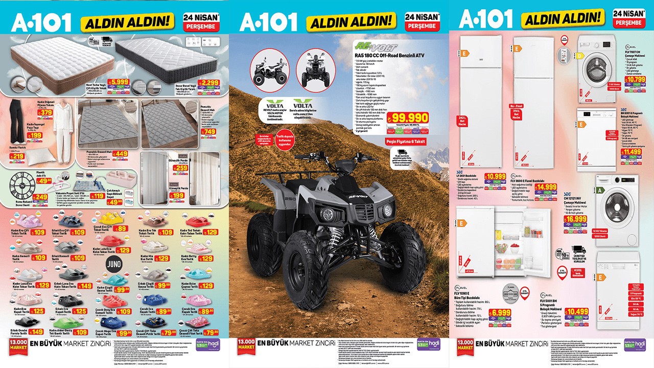 24 Nisan A101 Kataloğu 2025 Off Road benzinli ATV, Elektrikli Araç, 3 Tekerlekli Moped Var