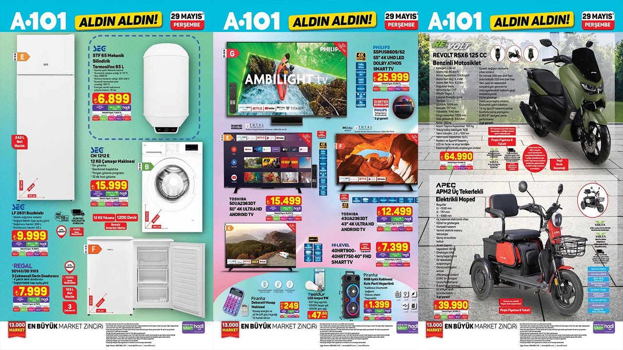 29 Mayıs A101 Kataloğu 2025 Üç Tekerlekli Elektrikli Moped, Benzinli Motosiklet, Televizyon Geldi