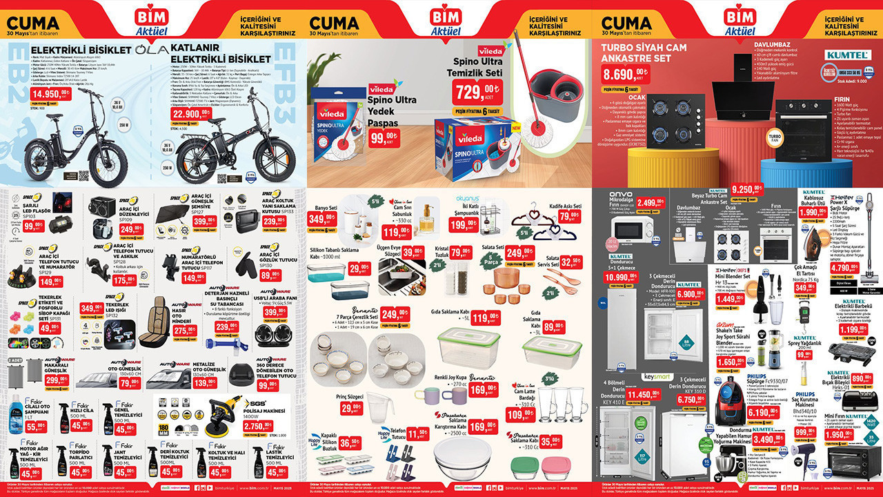 30 Mayıs Cuma BİM Aktüel Ürünler Kataloğu Klima, Elektrikli Bisiklet, Turbo Siyah Cam Ankastre Set