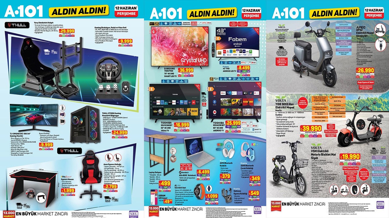 A101 Aktüel 12 Haziran 2025 Bu Perşembe Notebook, Langırt Masası, Oto Cam Brandası Geldi
