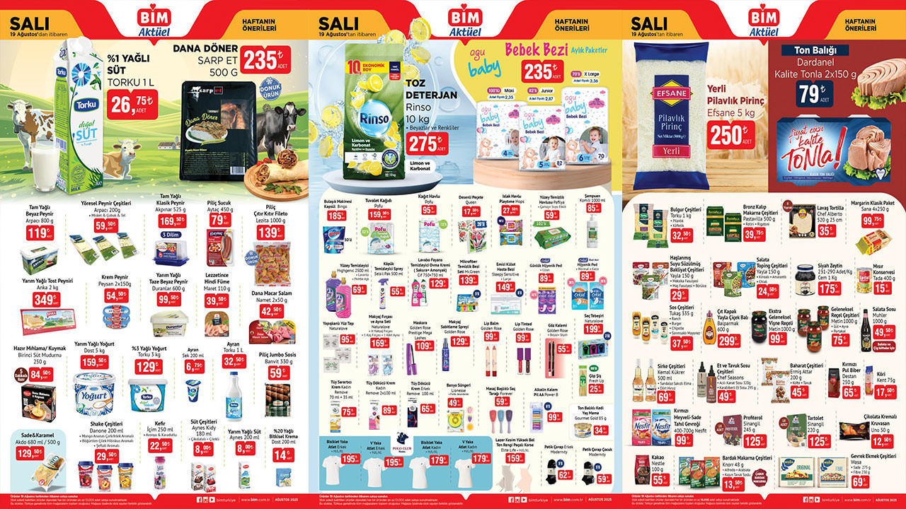 19 AĞUSTOS BİM AKTÜEL ÜRÜNLER KATALOĞU Rinso Toz Deterjan, Bebek Bezi, Bulaşık Makinesi Kapsülü Var