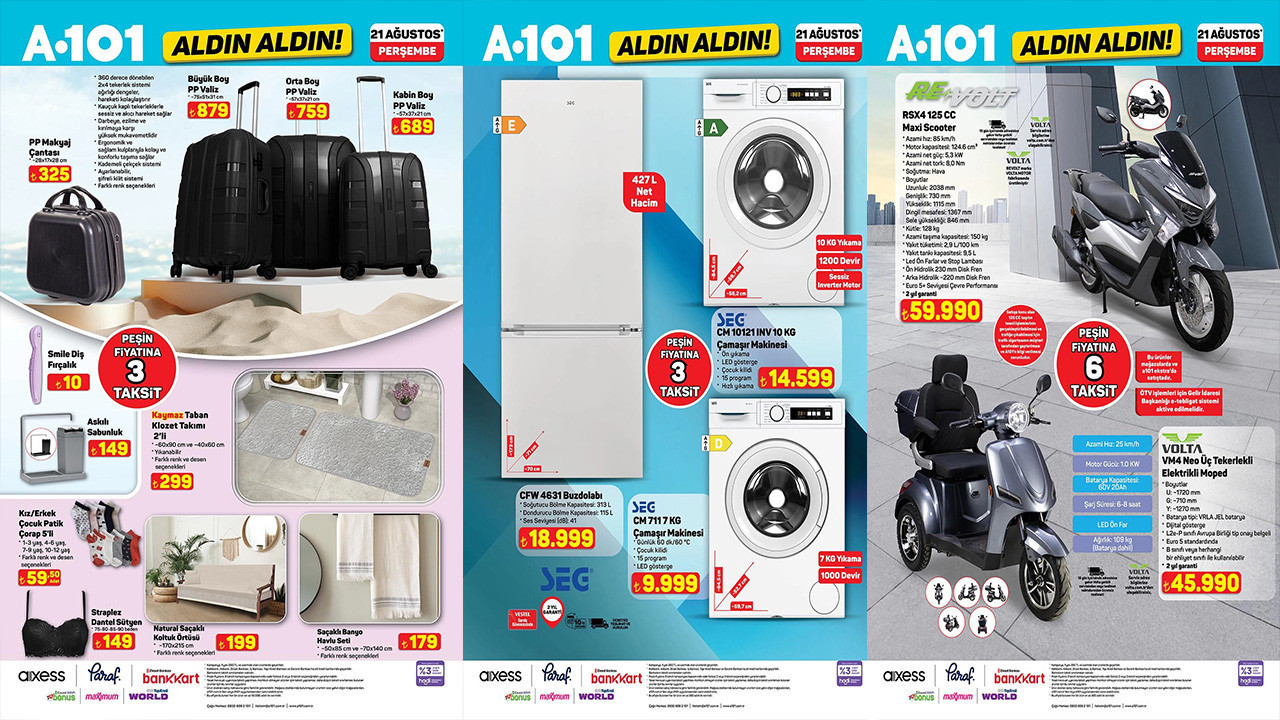 A101 21 Ağustos Perşembe Aktüel Katalog Overlok Makinesi, Üç Tekerlekli Moped, Darbeli Matkap Geldi