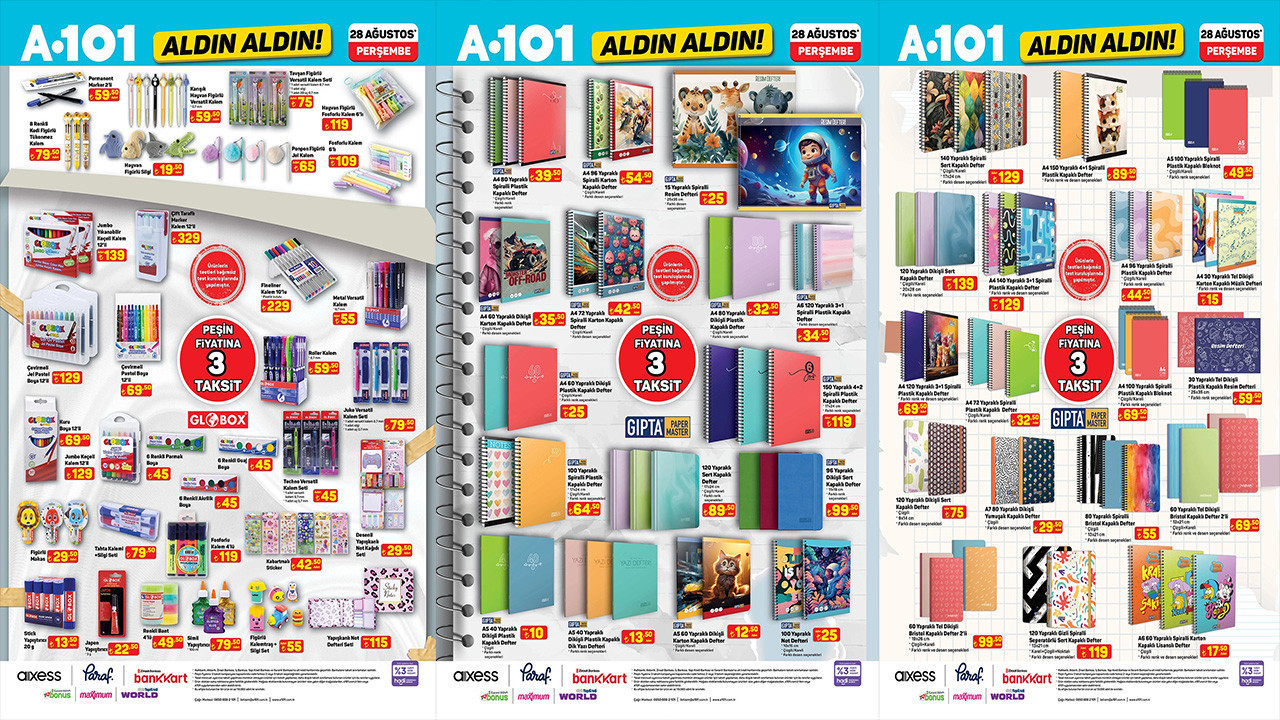 A101 Kırtasiye Ürünleri Kataloğu 2025 Defter, Silgi, Kalem, Kalemtıraş, Okul Çantası, Boya Seti Var