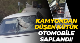 Kamyondan düşen kütük otomobile saplandı!