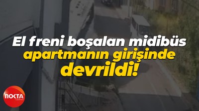 El freni boşalan midibüs apartmanın girişinde devrildi!