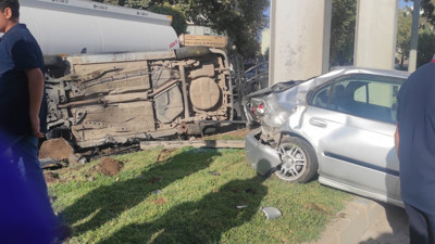 Otomobille çarpışan araç takla atarak durabildi!