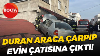 Kocaeli'de, duran araca çarpan otomobil evin çatısına çıktı!