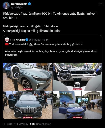 TOGG’un Almanya ve Türkiye fiyatları tartışma yarattı! Burak Dalgın paylaştı - Resim : 1