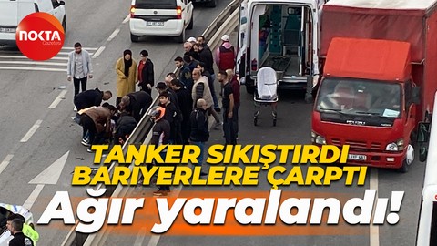Tankerin sıkıştırdığı elektrikli bisiklet bariyere çarptı: Sürücü ağır yaralandı