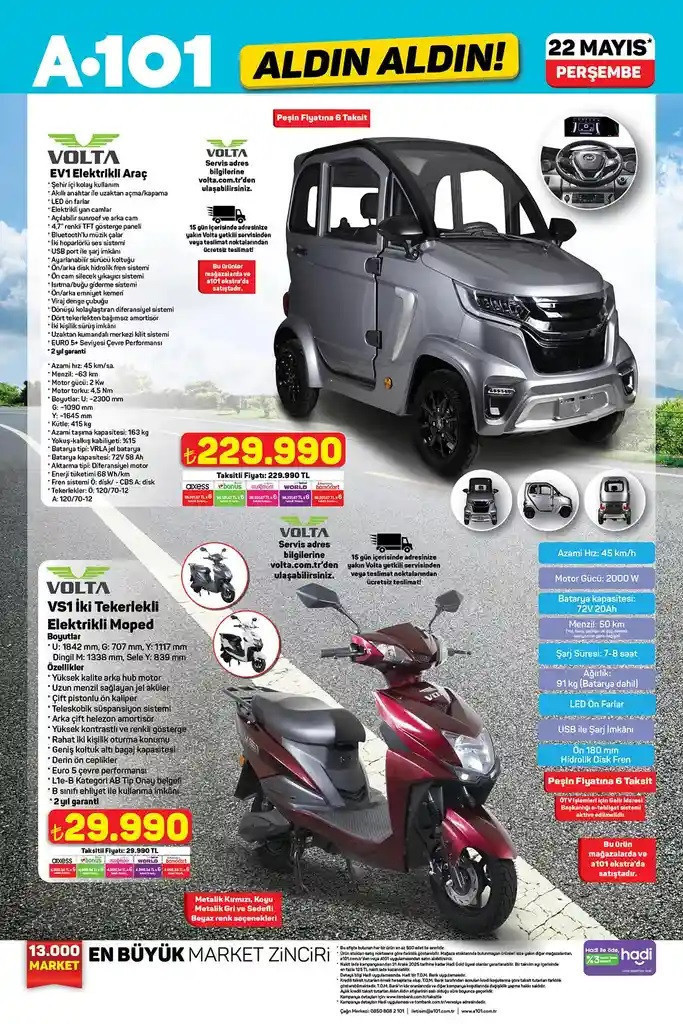 22 Mayıs A101 Aktüel Ürünler Kataloğu Volta Elektrikli Araç, Erba Çekme Karavan, İlk Yardım Kiti Var - Resim : 1