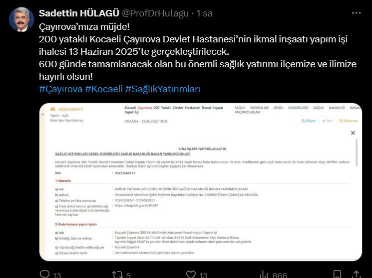 Saadettin Hülagü duyurdu; Kocaeli’ye 200 yataklı hastane yapılacak! - Resim : 1