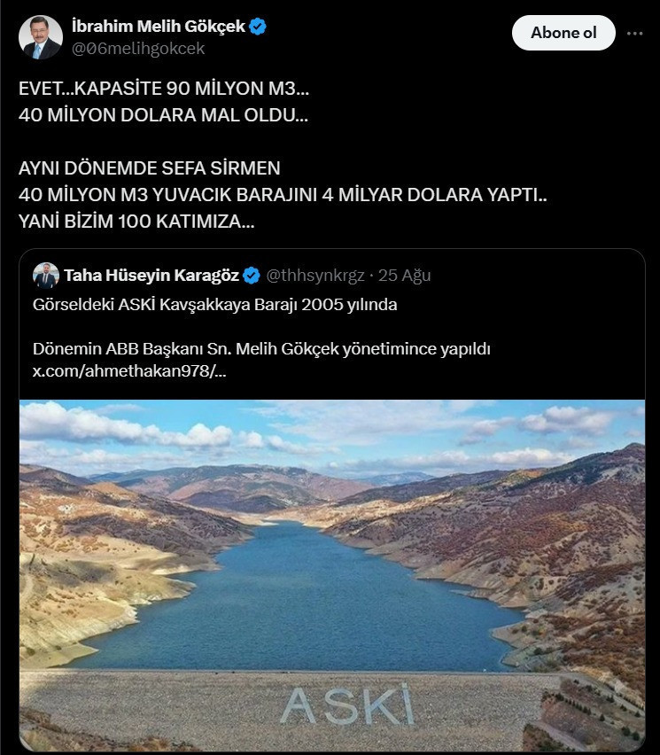 Melih Gökçek’ten baraj göndermesi: Kendi barajını övdü, Yuvacık Barajı’nı gömdü! - Resim : 1