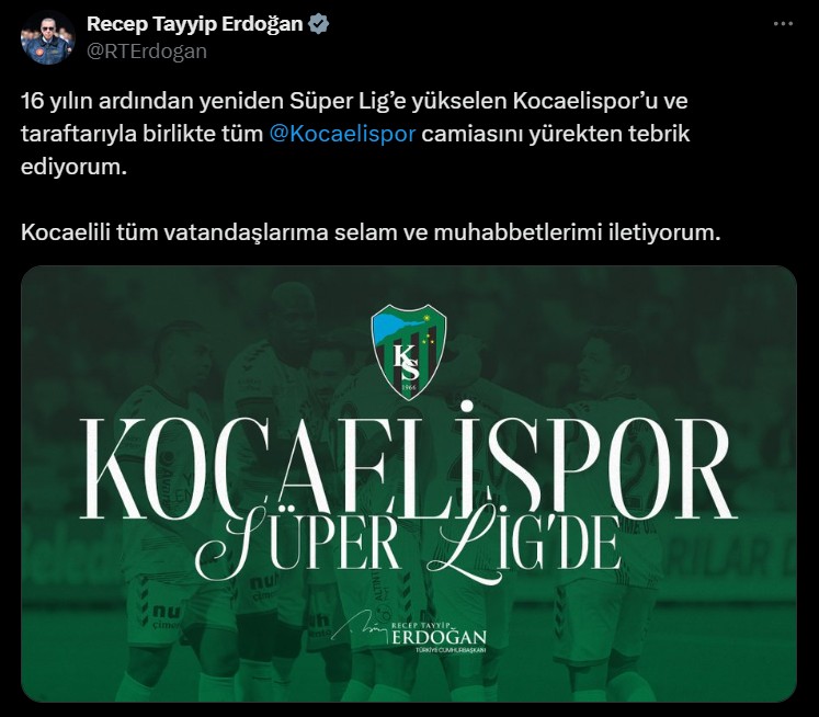 Cumhurbaşkanı Erdoğan Kocaelispor’u kutladı! - Resim : 1