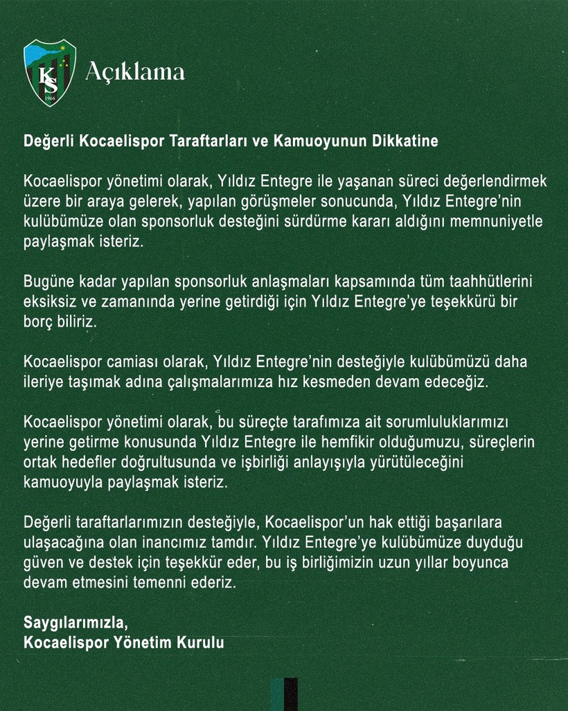 Kocaelispor’dan Yıldız Entegre açıklaması - Resim : 1