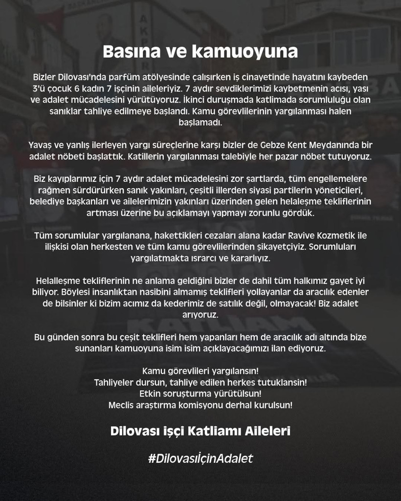 Dilovası İşçi Katliamı Aileleri’nden helalleşme tekliflerine sert açıklama: Teklifler devam ederse isim isim açıklayacağız! - Resim : 1