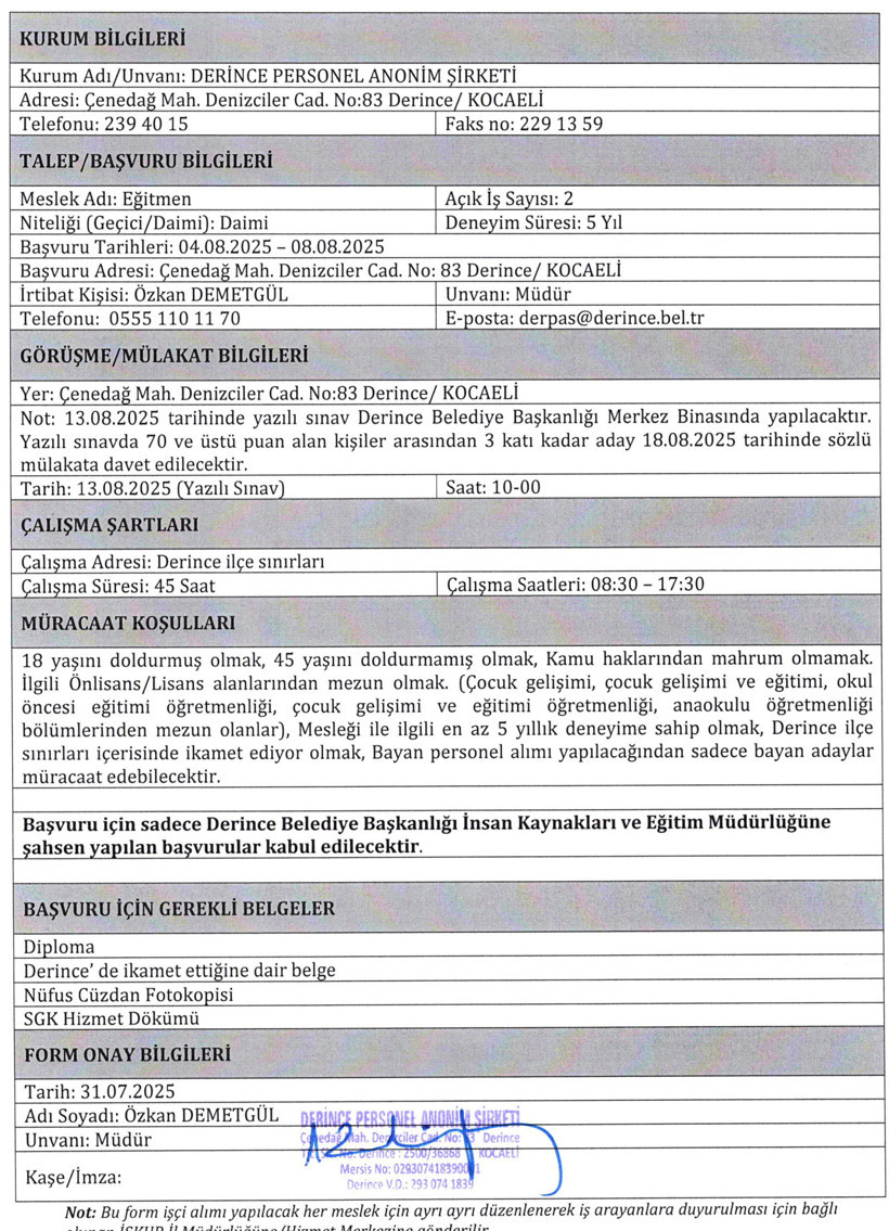 Derince Belediyesi eğitmen alacak - Resim : 1