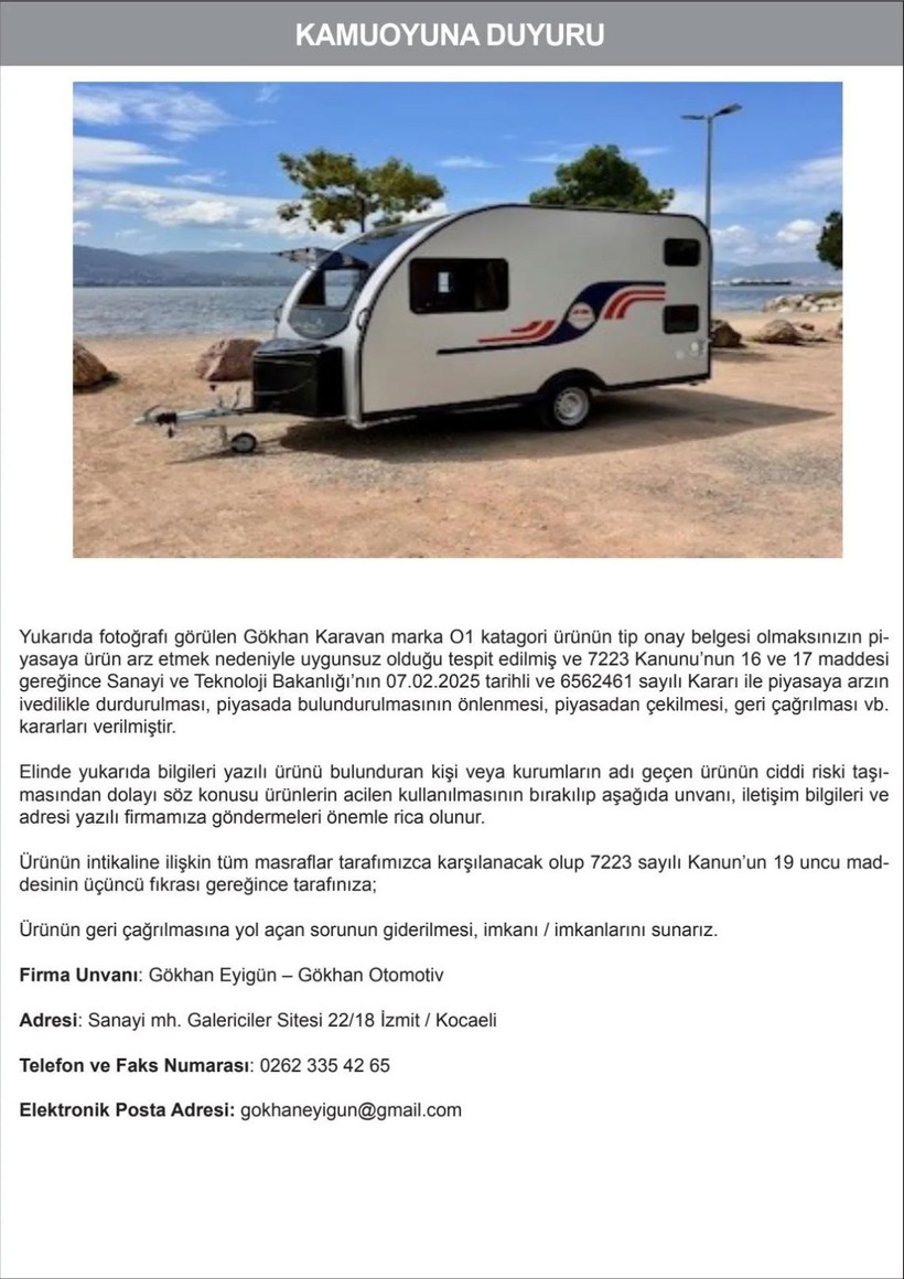Kocaeli'de üretilen karavan için toplatma kararı! - Resim : 1