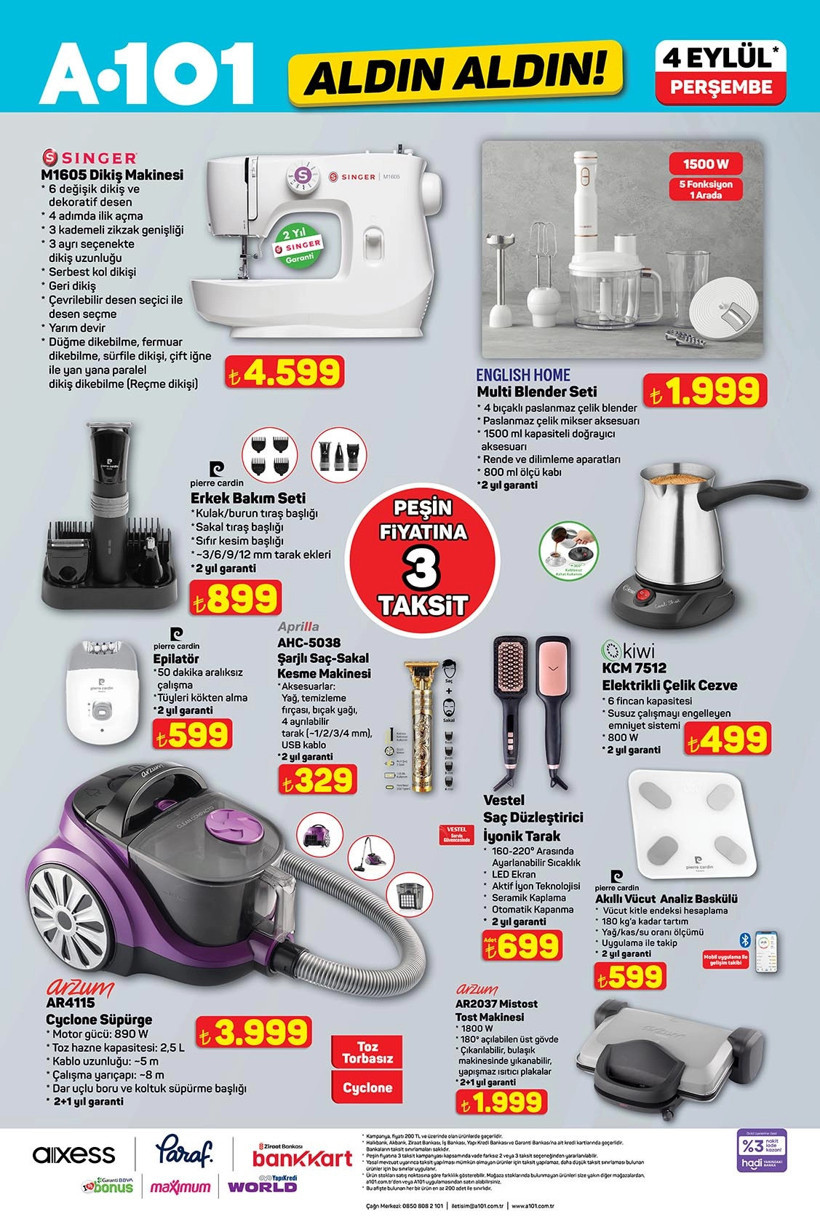 04 EYLÜL PERŞEMBE A101 AKTÜEL ÜRÜNLER KATALOĞU Singer Dikiş Makinesi, Volta Araba Geldi - Resim : 1