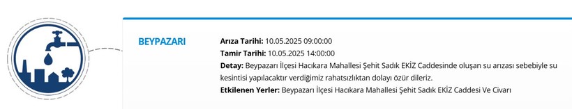 Ankara (ASKİ) Su Kesintisi 10 Mayıs 2025 Cumartesi | Beypazarı Su Kesintisi Ne Zaman Bitecek? - Resim : 1