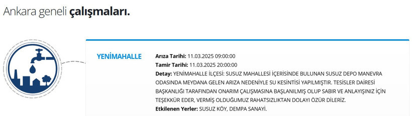 ASKİ ANKARA SU KESİNTİSİ 11 MART 2025 SALI | Yenimahalle'de Sular Ne Zaman Gelecek? - Resim : 1