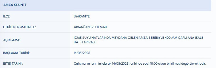 İstanbul Ümraniye Su Kesintisi 14 Mayıs 2025 | İSKİ Ümraniye Sular Ne Zaman Gelecek? - Resim : 1