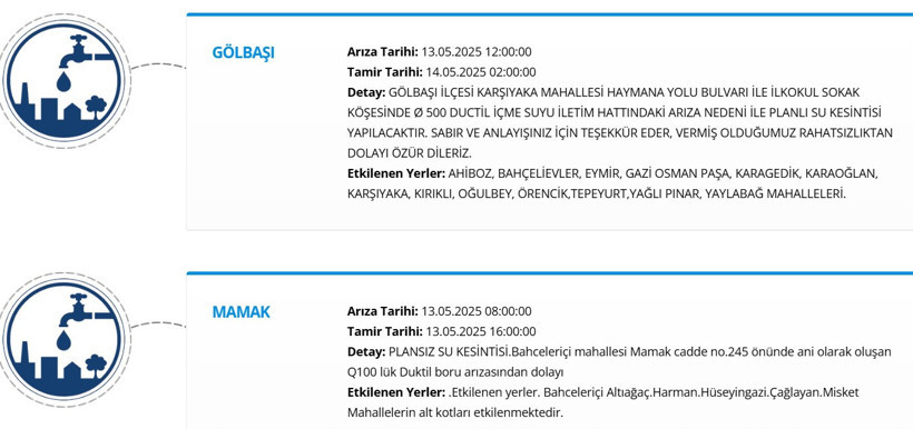 13 Mayıs 2025 ASKİ Su Kesintisi 14 Saat Boyunca Akmayacak! Ankara'da Sular Ne Zaman Gelecek? - Resim : 1