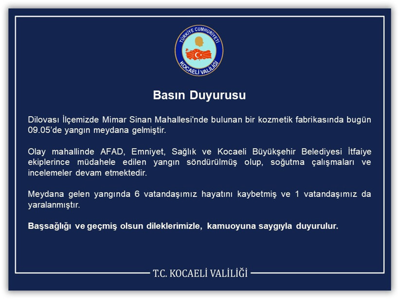 Dilovası'ndaki olayla ilgili Kocaeli Valiliği'nden açıklama geldi: 6 vatandaşımız hayatını kaybetti - Resim : 1