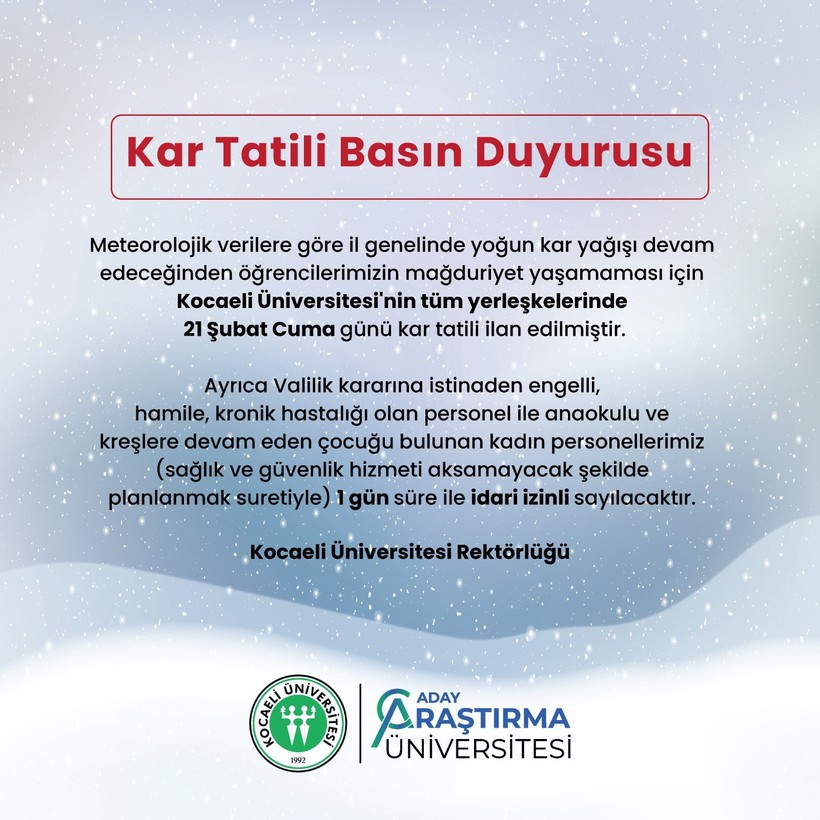 Kocaeli Üniversitesi'nde bir gün daha kar tatili! - Resim : 1