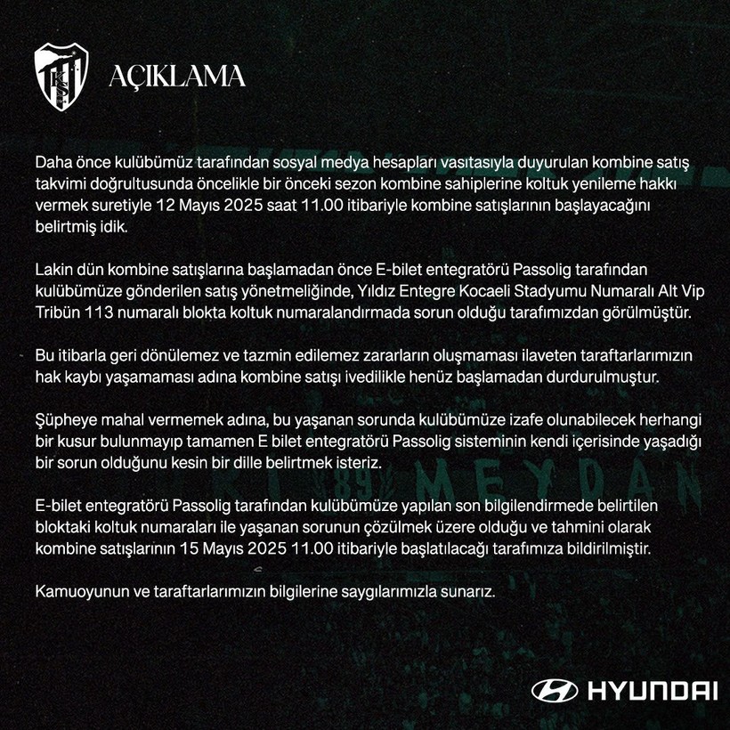 Pazartesi satışa çıkacaktı… Kocaelispor’dan kombine bilet açıklaması! - Resim : 1