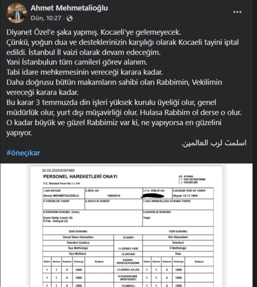 Skandal müftü yine gündemde… Kocaeli’ye gelmeden karar iptal edildi! - Resim : 1