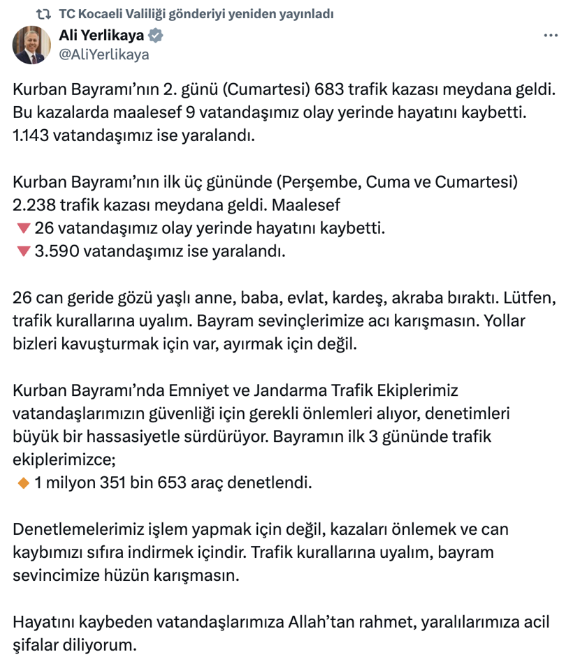 Acı tabloyu Ali Yerlikaya paylaştı… İşte ilk üç günün bilançosu - Resim : 1